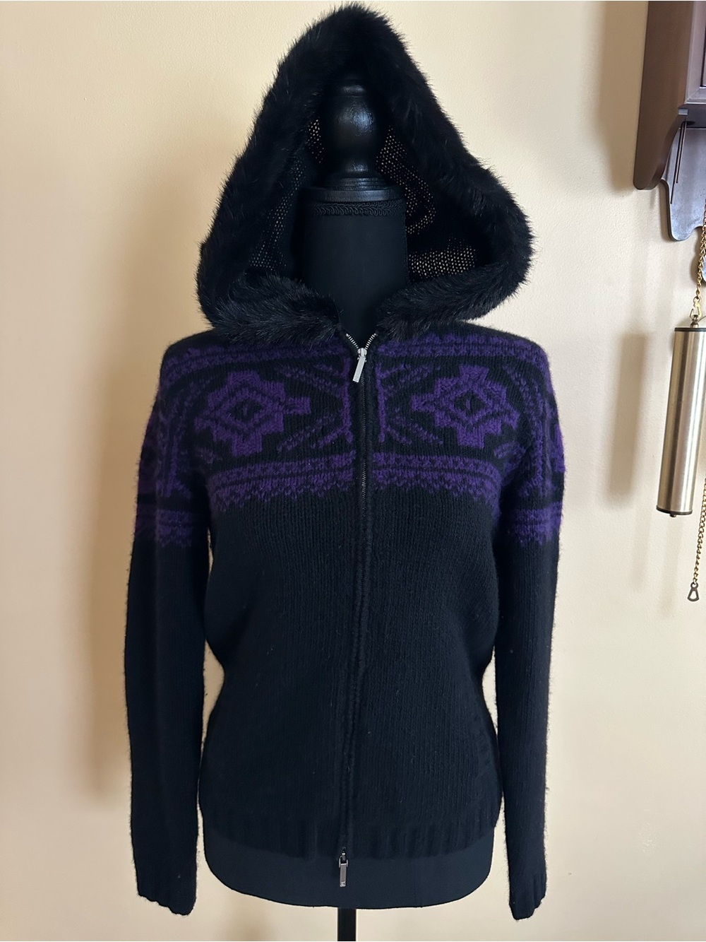 Exclusive Ralph Lauren hand knit wool angora purple Aztec zip up women’s P/P